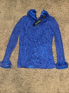Nadine Royal Blue Floral Lace Long-Sleeve Top with Ruffle Trim